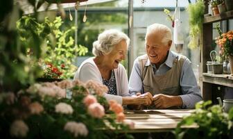 Old people couple in home garden. AI Generated photo