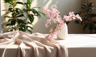 Soft beige cotton tablecloth on counter table photo
