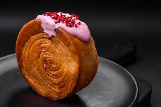 Round puff pastry croissant with raspberry filling or new york roll photo