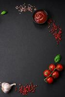 Ingredients for cooking cherry tomatoes, salt, spices and herbs photo