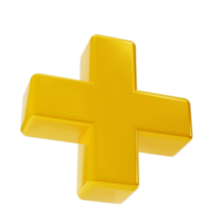 realistico 3d giallo d'oro più, Inserisci cartello icona. decorativo aritmetica elemento, formazione scolastica matematica, matematico o medico simbolo. astratto illustrazione isolato trasparente png