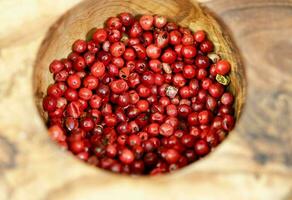 rojo pimienta desde el brasileño schinus terebinthifolia árbol en aceituna madera foto