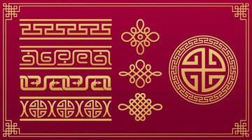 Oriental knots. Chinese pattern. Asian knotting, asian decorative geometric ornament. Chinese and Japanese vector geometric and node gold pattern isolated on red background.