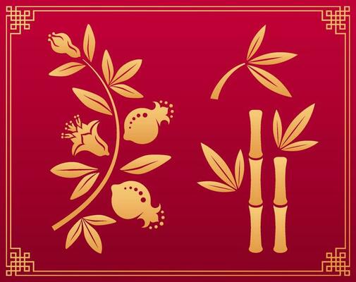 Chinese pattern. Japanese asian orient floral plant decorative icons, traditional gold ornament garnet with flowers and fruits, bamboo with stems and leaves isolated on red background. Vector set.