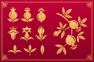 Chinese pattern. Asian orient gold decorative floral plant elements and ornaments garnet flower, fruits, leaves and blossom isolated on red background with gold frame. Vector set.