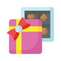 Box of chocolate with ribbon bow, flat vector of chocolate gift