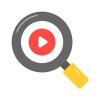 Video play button under magnifier showing concept vector of video search