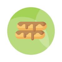 A small, soft, log shaped pastry filled with chocolate, modern flat eclair icon vector