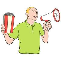 Cartoon illustration of popcorn vendor screaming with loudspeaker vector