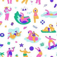 Seamless summer pattern. People on the beach are relaxing and having fun. Vector flat illustration for printing on fabric and paper