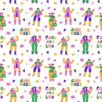 Seamless bright pattern with hippies. People are fashionable in the style of the 70s. Vector flat illustration for fabric, paper