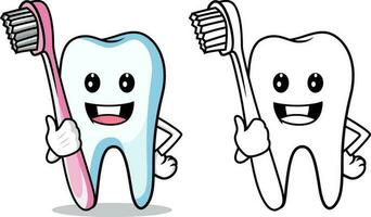 dibujos animados diente con un diente cepillo vector ilustración, contento simulando diente participación un diente cepillo valores vector imagen, de colores y negro y blanco línea Arte