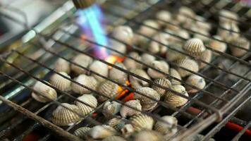 delizioso frutti di mare vongole è bruciare con bruciatore video