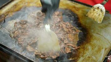 cocinar el asado carne en el caliente maceta video