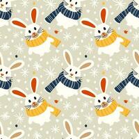Christmas seamless seamless template with bunnies with warm scarves. Vector template with cute animals with yellow and blue scarves drawn with simple shapes, for holiday print on textile or object