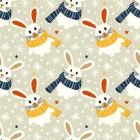 Christmas seamless seamless template with bunnies with warm scarves. Vector template with cute animals with yellow and blue scarves drawn with simple shapes, for holiday print on textile or object