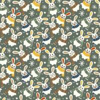 Christmas seamless pattern with bunnies with warm scarves. Vector pattern with cute animals drawn with simple shapes for holiday print for textile or object