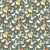 Christmas seamless pattern with bunnies with warm scarves. Vector pattern with cute animals drawn with simple shapes for holiday print for textile or object