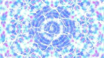 Blue caustic flow in kaleidoscope geometry circular background. 2D computer generated graphic video