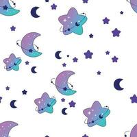 Seamless pattern of blue and purple moon with stars on white background vector