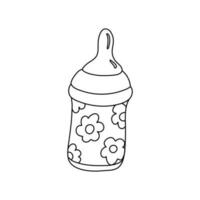 Baby feeding bottle decorated with chamomile flowers in doodle style. Hand drawn vector illustration in black ink