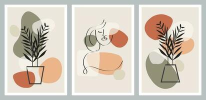 Set of portrait modern abstract surreal face line drawing with abstract geometric art style design. Abstract art design for print, cover, wallpaper, minimal and natural wall art. Vector illustration.