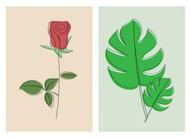 Vector one line drawing minimalist flower and foliage illustration in line art style