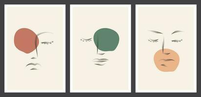 Set of portrait modern abstract surreal face line drawing with abstract geometric art style design. Abstract art design for print, cover, wallpaper, minimal and natural wall art. Vector illustration.