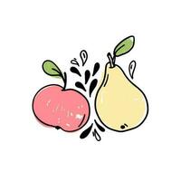 A set of hand drawn fruits with leaves and drops on a white background. Apple and pear hand drawn icons. Naive drawings composition. vector