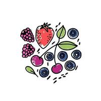 A set of hand drawn berries with leaves and drops on a white background. Blueberries, raspberries, strawberry and cherry hand drawn icons. Naive drawings composition. vector