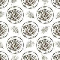 Hand-drawn vector seamless pattern of plate of grilled vegetables. Vintage doodle illustration. Sketch for cafe menus and labels. The engraved image.