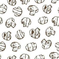 Hand-drawn vector seamless pattern of grilled champignons. Vintage doodle illustration. Sketch for cafe menus and labels. The engraved image.