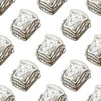 Hand-drawn vector seamless pattern of sandwich. Vintage doodle illustration. Sketch for cafe menus and labels. The engraved image.
