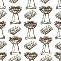 Hand-drawn vector seamless pattern of barbecue grill and firewood. Vintage doodle illustration. Sketch for cafe menus and labels. The engraved image.