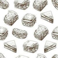 Hand-drawn vector seamless pattern of sandwiches. Vintage doodle illustration. Sketch for cafe menus and labels. The engraved image.