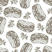 Hand-drawn vector seamless pattern of sandwich and dill. Vintage doodle illustration. Sketch for cafe menus and labels. The engraved image.