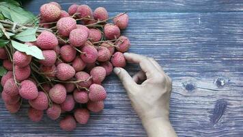 hand pick Lychee on a wooden background top down video