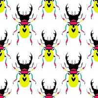 Funny and cute big beetles. Seamless pattern with cartoon elements on the white background. vector