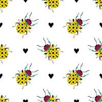 Cute yellow beetles with black hearts. Seamless pattern with cartoon element. vector