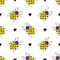 Cute yellow beetles with black hearts. Seamless pattern with cartoon element. vector