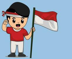 cute boy holding indonesia flag vector