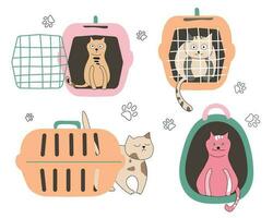 Cat carrier front view, side view, with the open and closed door. Flat cartoon vector illustration.Different cats in carriers.Vector illustration isolated on white background.