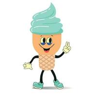 Kawaii illustration of ice cream cone. Ice cream cone character with eyes and legs.Character cute smiley comic. Flat design. Vector illustration isolated on white background.