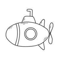 Cute submarine in doodle style. Linear children's submarine isolated on white background. Vector illustration.