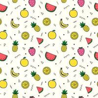 Colored flat seamless summer pattern with tropical fruits and geometric shapes vector