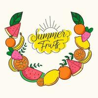 Hand drawn summer fruits illustration collection watermelon pineapple banana strawberry and lemon vector