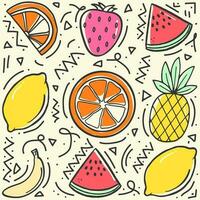 Hand drawn summer doodle background with fruits watermelon pineapple banana and strawberry vector