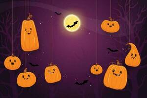 Halloween card template with full moon, spooky castle, pumpkins and bats. vector