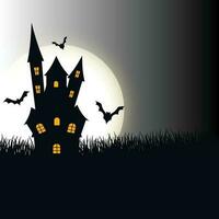 Halloween card template with full moon, spooky castle, pumpkins and bats. vector