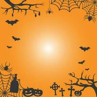 Halloween pumpkins, spooky trees and haunted house with moonlight on blue background. vector